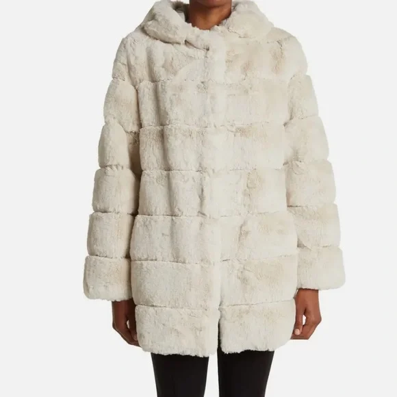 BCBGMAXAZRIA Cream Faux Fur Hooded Coat Size S - Picture 7 of 12